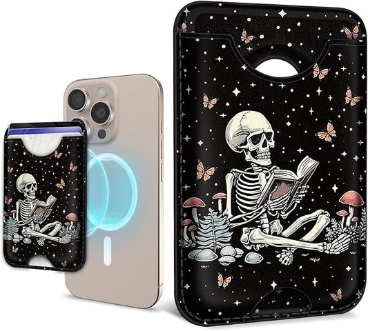 for Magsafe Magnetic Phone Wallet, Skeleton Book Magnetic Credit Card Holder Case, Slim RFID Vegan Leather Magnet Wallet Women, Stick on Back for iPhone 16 15 14 13 12 Pro Promax, 3 Cards