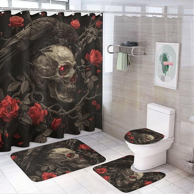 4Pcs Retro Rustic Crow Skull Shower Curtain Sets with Rugs, Toilet Lid Cover and Bath Mat, Gothic Rose Floral Leaves Bathroom Shower Curtains Set with 12 Hooks