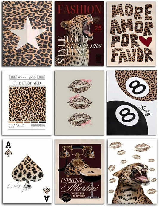 YIDINGX 9pcs Self-Adhesive Trendy Leopard Canvas Wall Art Cheetah Prints Wall Decor Pictures Lucky 8 Ball Posters Preppy Aesthetic Paintings for Girls Bedroom Decorations