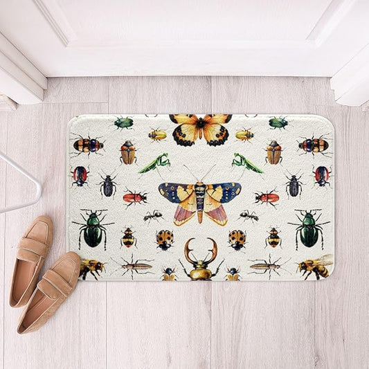 Insect Reptile Animal Kids Bath Mat,Butterfly Dragonfly Bee Ladybug Mats Rugs,Girl Boy Room Decor,Dung Beetle Rustic Nature Bathroom Carpets,White Colorful Bath Rug,Absorbent Floor Mats,16Wx24L Inches