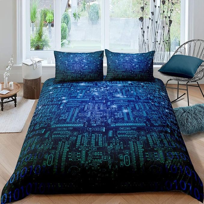 Erosebridal Technology Bedding Set Science Computer Theme Comforter Cover Twin Size for Kids Boys Teens Adult Soft Luxury Microfiber Duvet Cover Green Quilt Cover Decorative Room