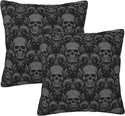 2Pcs Halloween Gothic Skull Black Throw Pillow Cover Decorative Square Cushion Case for Sofa Couch Bed Pillow Case for Living Room Home Decor 18"X18"