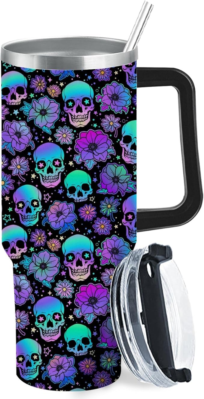 generic Sugar Skull Flower 40oz Tumbler With Handle Gifts For Aunt Skinny Wine Tumbler For Office, White