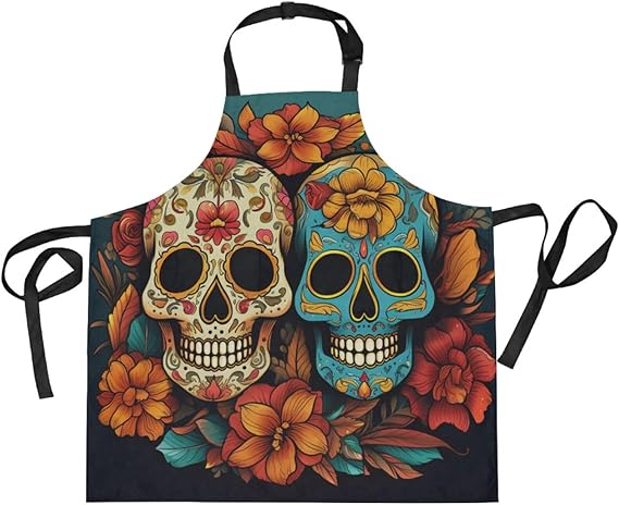 Floral Skull Leaf Pattern Kitchen Chef Apron Waitress Aprons with 2 Pockets for Women Boys Cooking Baking