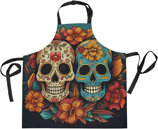 Floral Skull Leaf Pattern Kitchen Chef Apron Waitress Aprons with 2 Pockets for Women Boys Cooking Baking