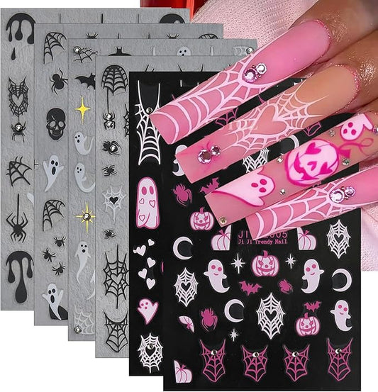 6Sheets Halloween Nail Stickers for Nail Art,3D Self-Adhesive Cute Ghost Spider Web Nail Decals with Rhinestones Design,Pink Pumpkin Spiders Skull Nail Art Stickers for Women Girls DIY Nail Decoration