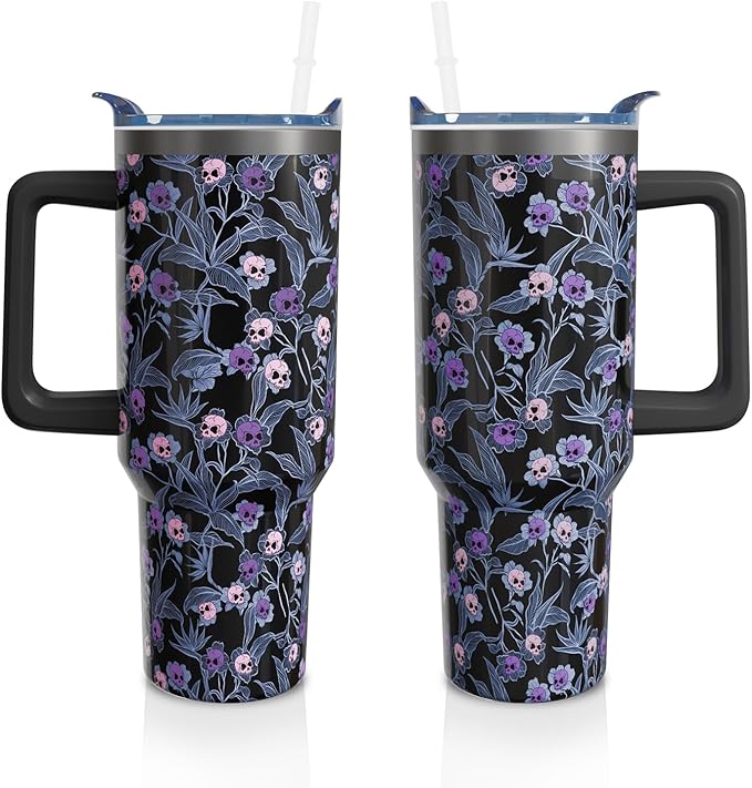 40oz Halloween Gothic Tumbler with Handle and Straw, Goth Skull Stainless Steel Insulated Cup Water Bottle, Halloween Holiday Gifts for Women Men (1PC)