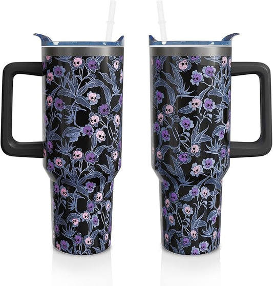 40oz Halloween Gothic Tumbler with Handle and Straw, Goth Skull Stainless Steel Insulated Cup Water Bottle, Halloween Holiday Gifts for Women Men (1PC)