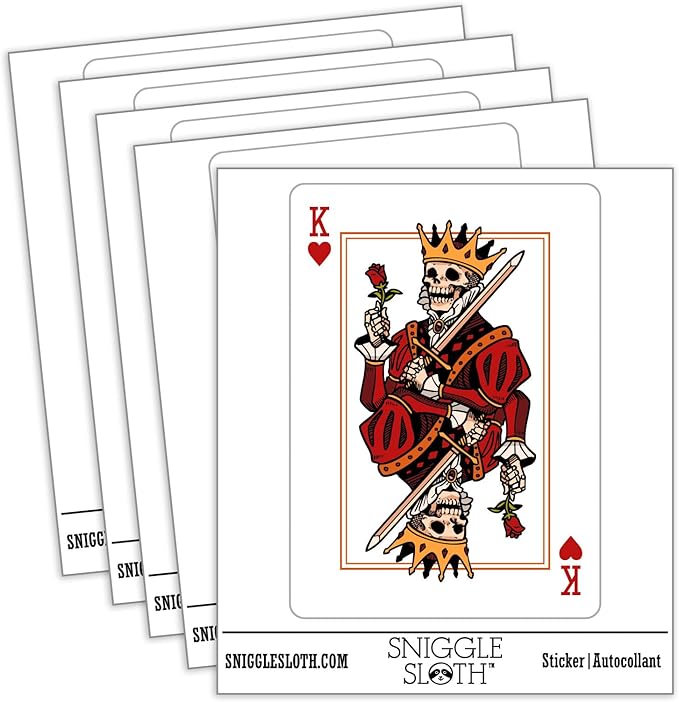 Skeleton King of Hearts Skull Playing Card Waterproof Vinyl Phone Tablet Laptop Water Bottle Car Window Bumper Decal Sticker Set - 5 Pack - Gloss Finish - 3.0"