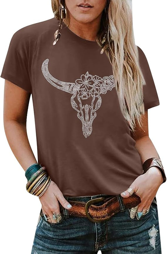 Boho Cow Skull Shirt Women Cowgirl t Shirt Vintage Western Rodeo Graphic Tee Short Sleeve Bull Skull Casual Top
