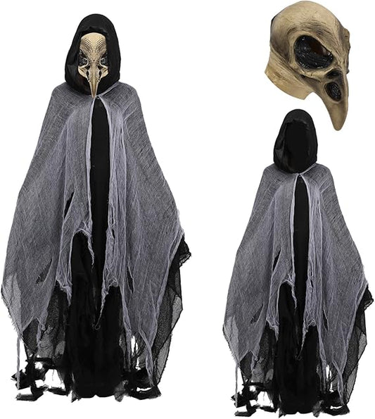 2PCS Adults Bird Skull Mask with Medieval Cloak, Crow Beak Raven Skeleton Masks Long Nose Eagle, Halloween Cosplay Props