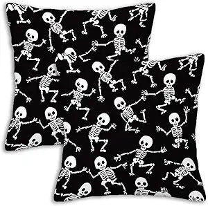 Skeleton Throw Pillow Cover 18x18 Set of 2, Halloween Skull Cushion Case for Couch, Sofa, Bed and Living Room, Zipper Closure Pillow Cases, Home Decor for All Seasons