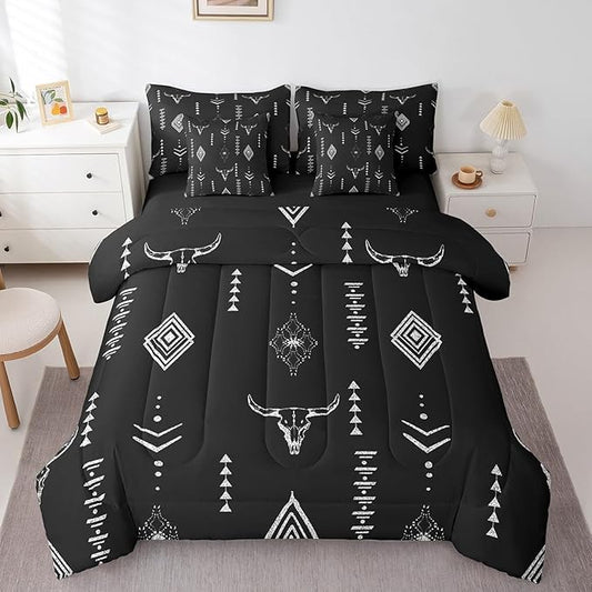 Erosebridal Bull Skull 7 Pcs Comforter Set Queen Boho Horns Bedding Kids Ethnic Bohemian Bed in A Bag Sheet Set Tribal Symbol Mysterious Aztec Room Decor Geometric Abstract Black Silver Bed Set