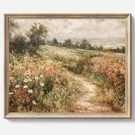 Framed Canvas Wall Art Vintage Decor, Vintage Painting Wall Art Prints, Landscape Wall Art for Living Room Decor Bedroom Home Bathroom Wall Decor (Wildflower Field)