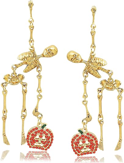 Halloween Jointed Skeleton Pumpkin Earrings for Women Gothic Swing Hand Skull Dangle Earrings Crystal Pumpkin Earring for Halloween Costume Accessories Cosplay Jewelry Gift