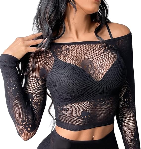 Women Sexy Crop Top Fishnet Lingerie Skull Cosplay Tee Shirt Blouse Exotic Beach Cover Up