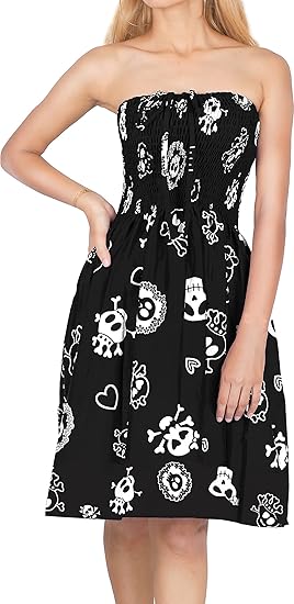 Women's Halloween Beach Pirate Party Halter Caribbean Pirate knee Length Smocked Dress Flowy Tube Top Dresses