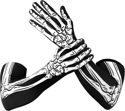 Halloween Skeleton Arm Length Gloves for Adult, Bone Skull Gloves for Women Men for Halloween Cosplay Parties