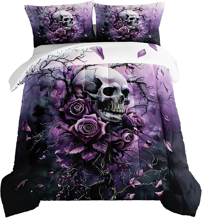 HOSIMA Death Skull Queen Bedding Sets,Skull Surrounded by Flowers Print Gothic Comforter Set,Branch Pattern Horror Themed Halloween Comforter for Women Girls Room Decor with 2 Pillowcases.
