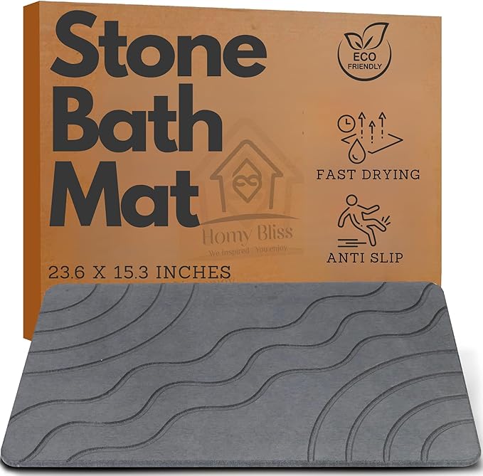Stone Bath Mat – Quick Drying Diatomaceous Earth Bath Mat, Super Absorbent Bathroom Stone Mat, Non-Slip Shower Stone Mat, Modern Water Absorbing Bath Mat for Bathroom & Kitchen (23.6” x 15.3”, Gray)