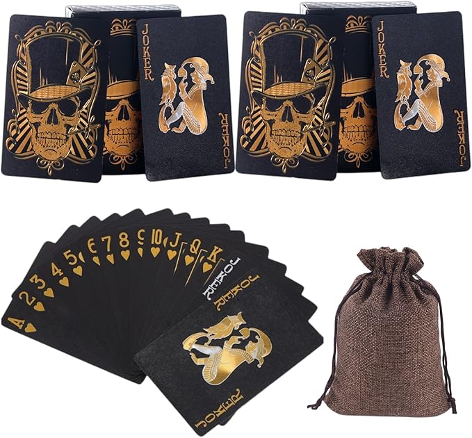 2 Pack Skull Playing Cards Black Poker Cards Waterproof Plastic Black Foil Playing Cards Highly Flexible,2 Decks of Cards with Bag(Gold)