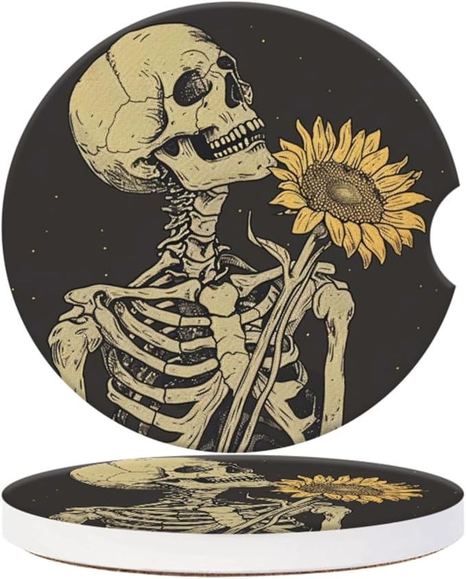 Cup Holder for Car,Skull Embracing A Sunflower Design Ceramic Coasters Non-Slip Cup Holder Insert with Fingertip Grip, Auto Interior Accessories for Women & Men,Pack of 2, 2.56In