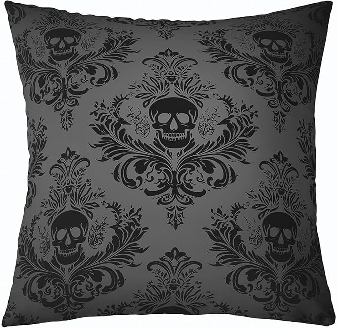 Gothic Skull Pillow Cover 20x20 Inch,Gray Vintage Damask Lace Pattern Cushion Cover for Office Living Room Boho Victorian Baroque Floral Pillow Case for Sofa Couch Reversible Print