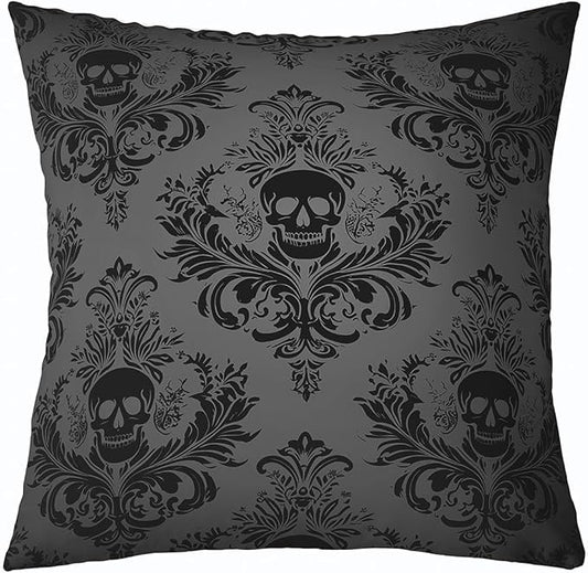 Gothic Skull Pillow Cover 20x20 Inch,Gray Vintage Damask Lace Pattern Cushion Cover for Office Living Room Boho Victorian Baroque Floral Pillow Case for Sofa Couch Reversible Print