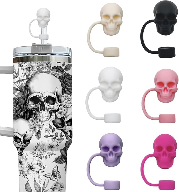 6 PCS Halloween Skull Straw Covers Cap for Stanley Cup Compatible with Stanley 30-40 oz Tumbler Silicone Straw Toppers，Reusable Straw Cover for Stanley Cup Accessories