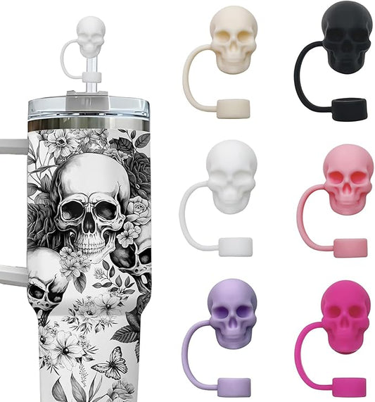 6 PCS Halloween Skull Straw Covers Cap for Stanley Cup Compatible with Stanley 30-40 oz Tumbler Silicone Straw Toppers，Reusable Straw Cover for Stanley Cup Accessories