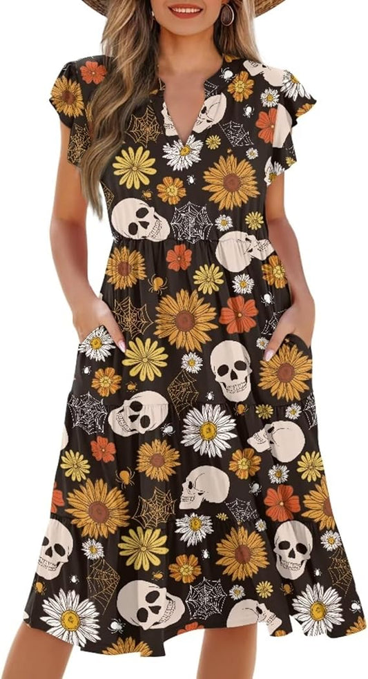 Women's Elegant Flowy Dress Casual Floral Sundress V-Neck Short Sleeve Dresses A-Lined Tiered Midi Dresses
