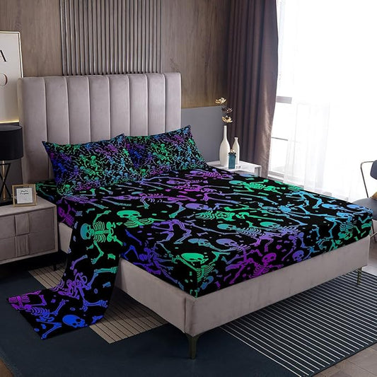 Erosebridal Sugar Skull Bed Sheets Halloween Sheet Set Full Size Green Blue Purple Ombre Fitted Sheet for Kids Boys Girls Skeleton Bones Bedding Set Soft Horror Theme Bedroom Decor 4Pcs