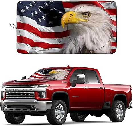 Windshield Sun Shade New American Eagle Flag USA Patriotic Design - Folding Car Front Window Sunshade for Cars SUV Trucks, Max UV Blocking and Keep The Vehicle Cool
