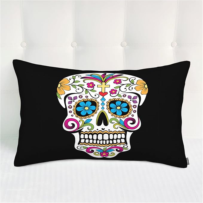 Bed Throw Pillows Covers Sugar Skull Decor Throw Pillow Case Cushion Cover for Couch Colorful Flowers Leaves Sugar Skull Pillow Covers for Bed Home Car Polyester 20x30 Inches