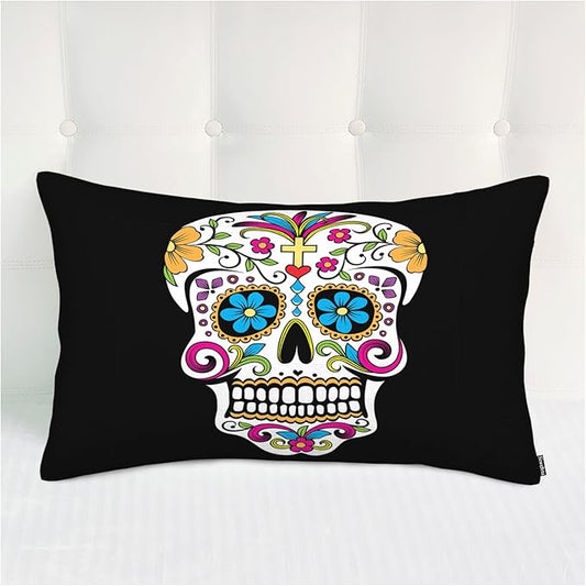 Bed Throw Pillows Covers Sugar Skull Decor Throw Pillow Case Cushion Cover for Couch Colorful Flowers Leaves Sugar Skull Pillow Covers for Bed Home Car Polyester 20x30 Inches
