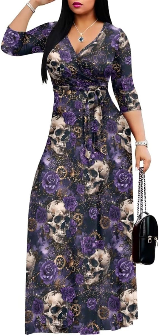 Women's Maxi Dresses 3/4 Sleeve Flowy Long Dress Sexy V Neck Wrap Tie Waist Sundress with Pockets