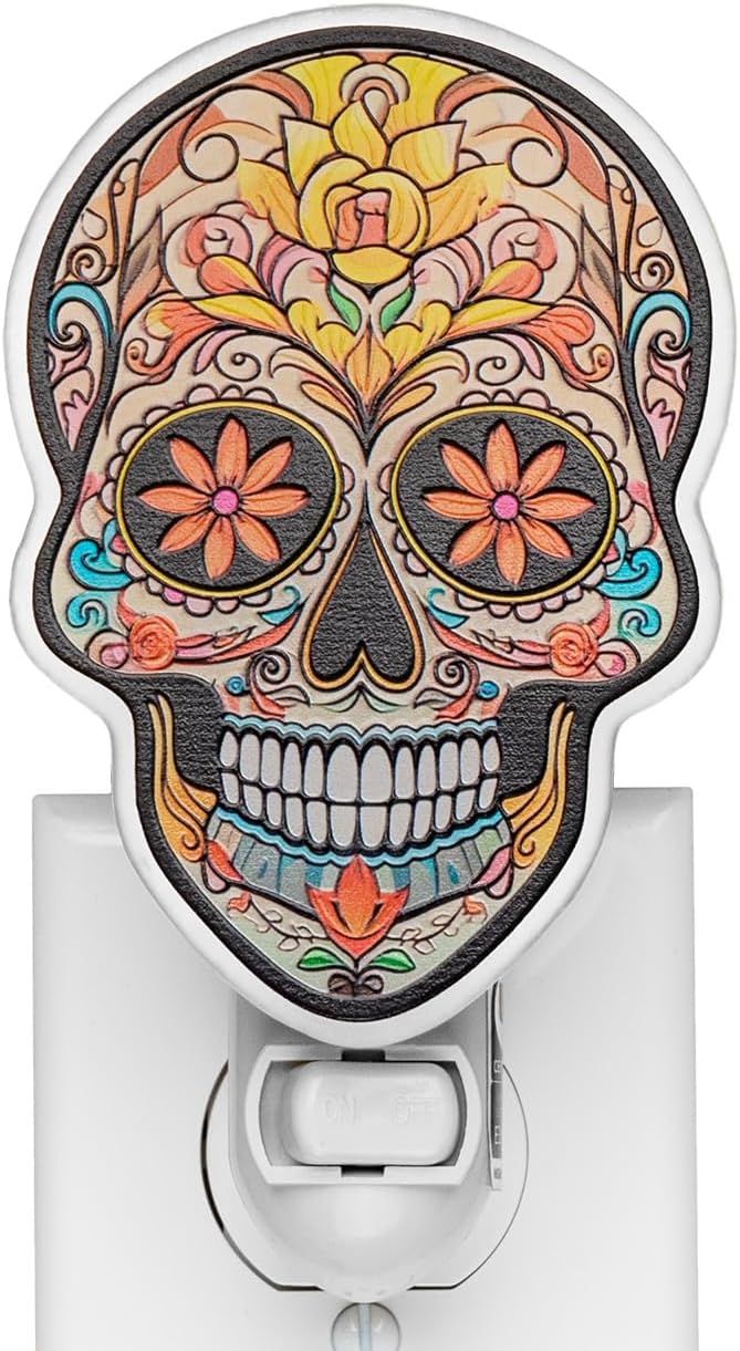 Sugar Skull Night Light Plug in – Stained Glass Styled Dia de Los Muertos Decor with Marigolds, Mexican Heritage Accent, Halloween Wall Light, Unique Gift for Day of The Dead (Pink & Yellow)