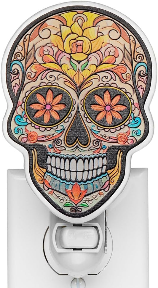 Sugar Skull Night Light Plug in – Stained Glass Styled Dia de Los Muertos Decor with Marigolds, Mexican Heritage Accent, Halloween Wall Light, Unique Gift for Day of The Dead (Pink & Yellow)