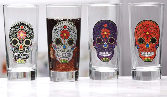 Circleware Halloween Sugar Skull Hiball Cooler, Set of 4 Heavy Drinking Glass Tumbler Cups for Water, Juice, Milk, Beer, Whiskey, Vodka, Farmhouse Decor, 14.5 oz, Black, White, Purple, Orange