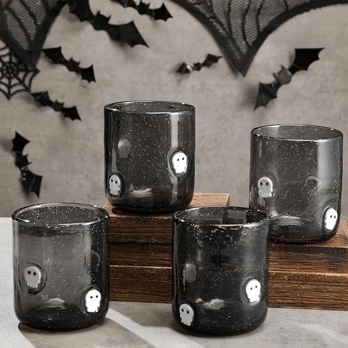 4 PCS Halloween Icon Juice Glasses Cup Set - Black Skull Stemless Drinking, Wine, Water, Coffee Glass Cup Bulk for Fall Holiday Birthday - Party Supplies & Gift