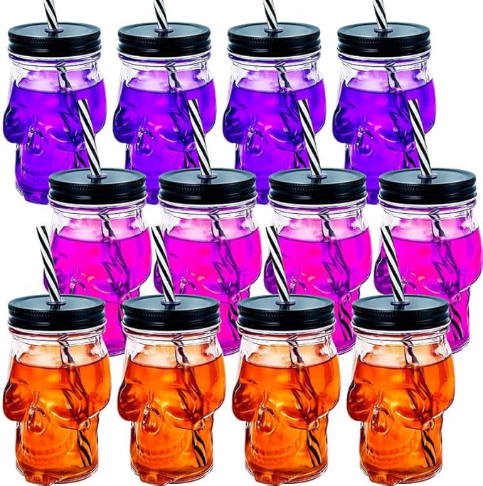 12 Pcs Halloween Skull Mason Jar Clear Glass Tumbler, Halloween Drinking Glasses with Lid, Clear Glass Cups with Skull, Skull Mason Cup with Straw, Mason Jar Cup for Halloween, Theme parties, Bars