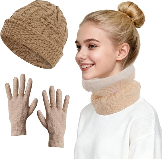 3 Pieces Winter Hat Neck Warmer Gloves Set Knit Thick Scarf Beanie Hats Scarves Set Fleece Lined Skull Cap for Women