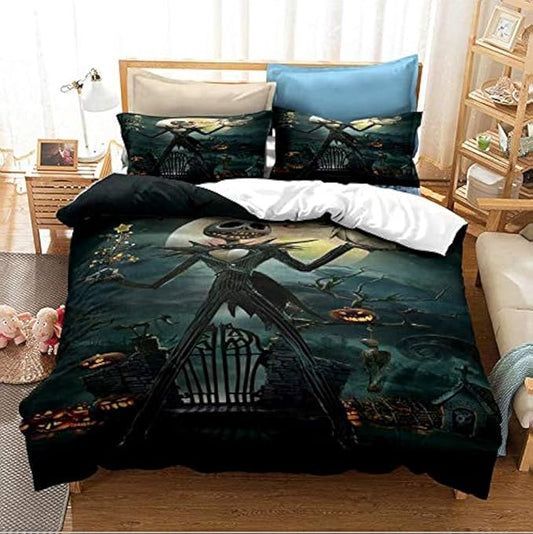 Ankeyoo Nightmare Christmas Bedding Set 3D Skull Duvet Cover Set Jack Skellington, Soft 100% Microfiber Bed Set 3PCS, 1 Duvet Cover, 2 Pillowcase, No Comforter Queen Size