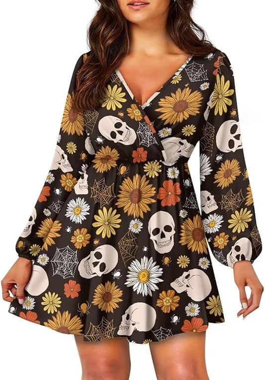 Women Casual Dress Long Lantern Sleeve Flowy Dress V-Neck Sexy Short Dress Boho Loose Dresses