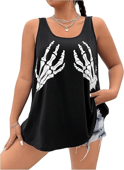 Women's Plus Size Skeleton Print Tank Top Skull Sleeveless Oversized Casual Long Tops