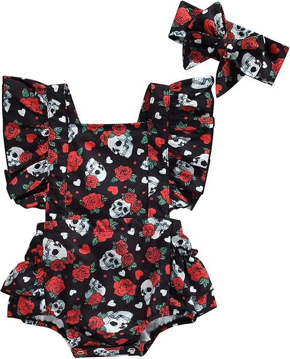 Infant Baby Girl Easter Clothes Tie Strap Bunny Floral Print Romper Dress Ruffle Bodysuit Jumpsuit with Headband