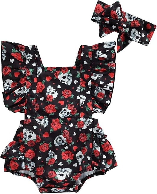 Infant Baby Girl Easter Clothes Tie Strap Bunny Floral Print Romper Dress Ruffle Bodysuit Jumpsuit with Headband