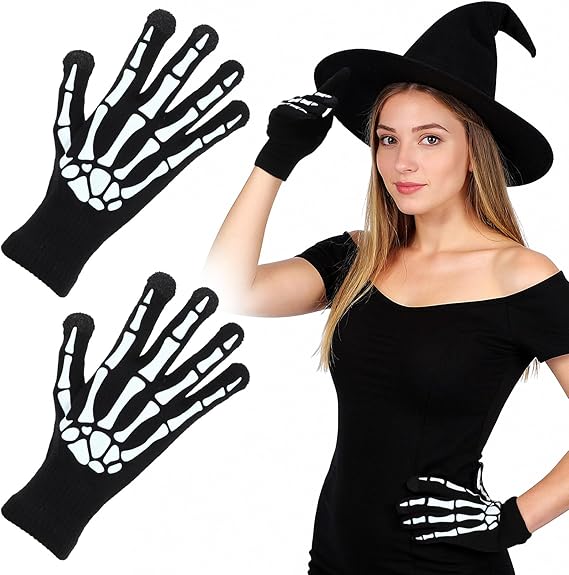 Touch Screen Skeleton Gloves Glow In The Dark for Women Men Adult Halloween Skull Bone Cosplay Costume Accessories