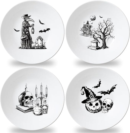4 Set 10 Inch Halloween Gothic Plates Melamine Halloween Dinnerware Set Reusable Skull Candle Bat Tombstone Crow Melamine Plate Dishwasher for Toddlers Creatively Drop Resistant Cute Plastic Dish