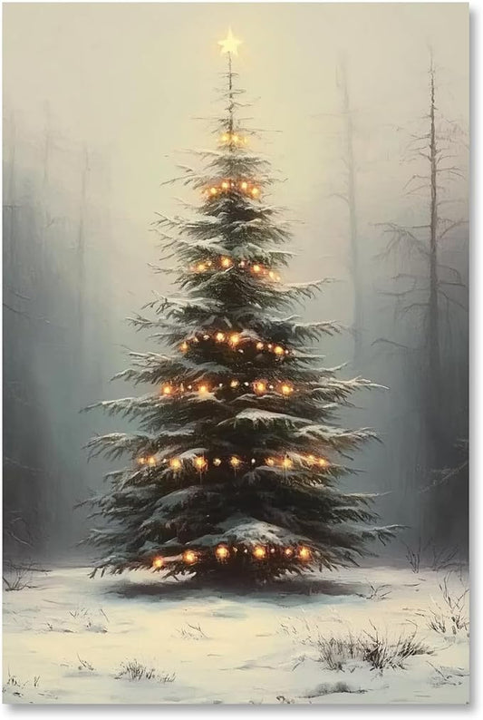 Yermidi Snowy Christmas Tree Wall Art Rustic Winter Holiday Canvas Print Poster Farmhouse Xmas Tree Pictures Painting Wall Decor Vintage Neutral Antique Seasonal Decoration 16x24inch Unframed